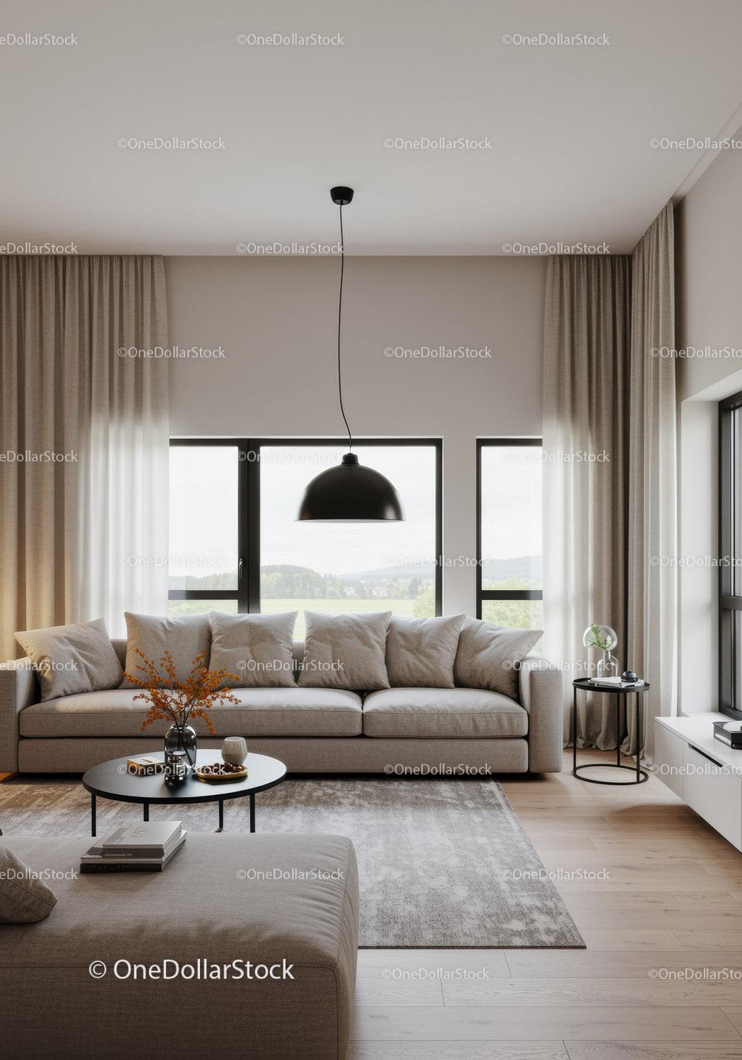 Bright Contemporary Living Room with Beige Sofa and Large Windows