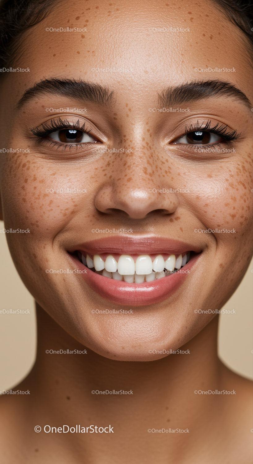 Close up portrait of smiling woman with freckles