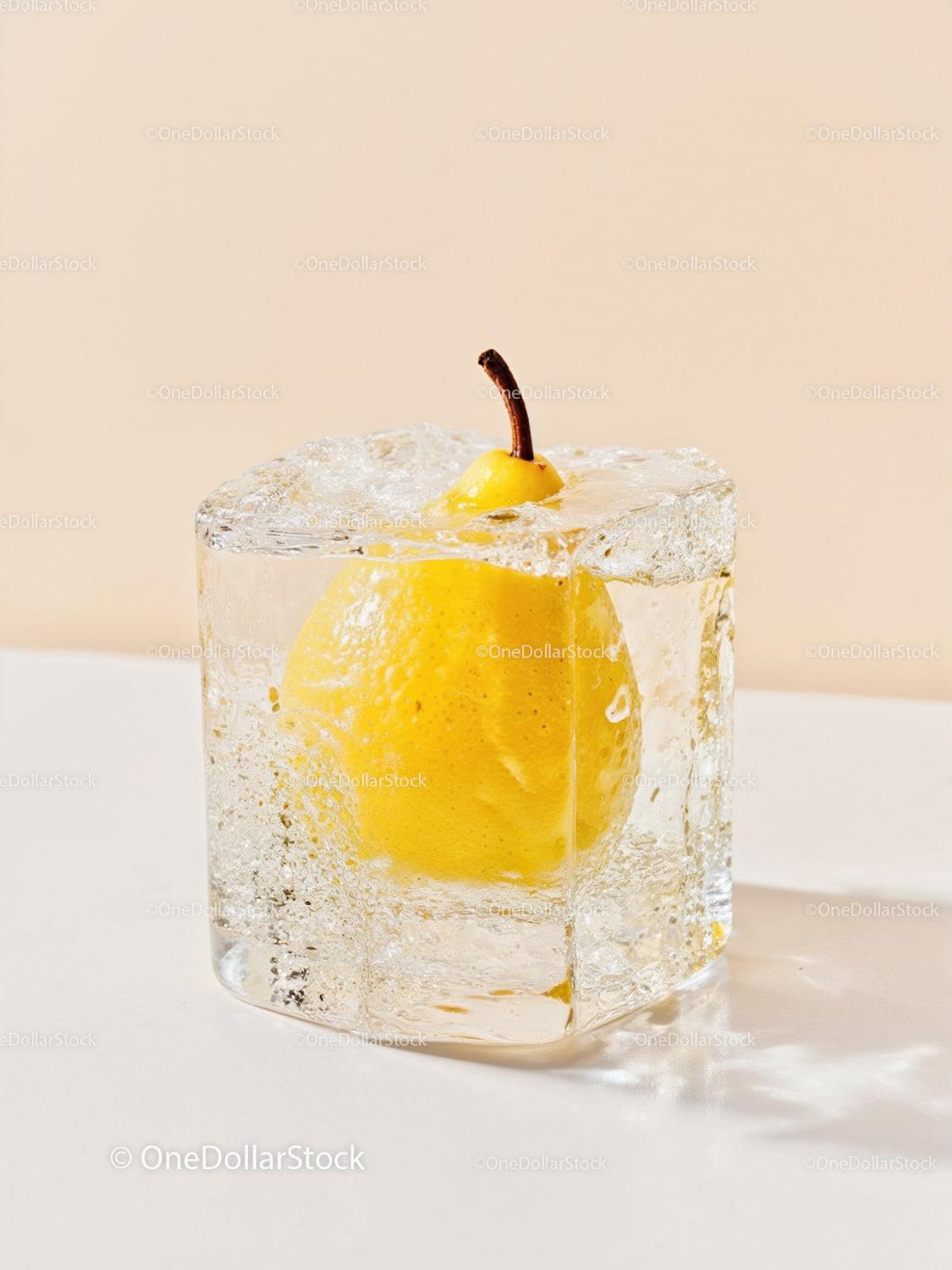 Yellow pear encapsulated in clear ice cube