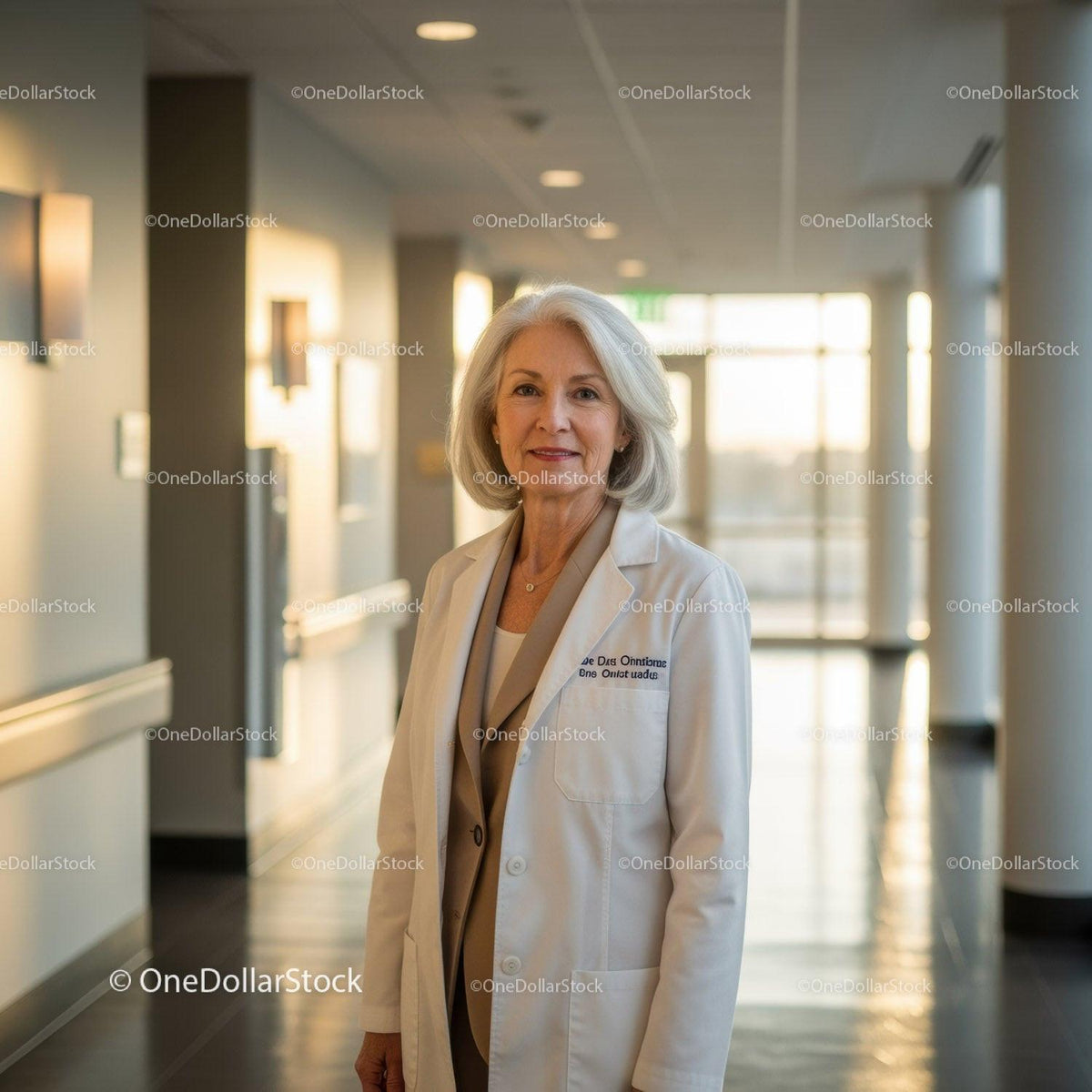 Senior Female Doctor Standing in Modern Hospital Corridor