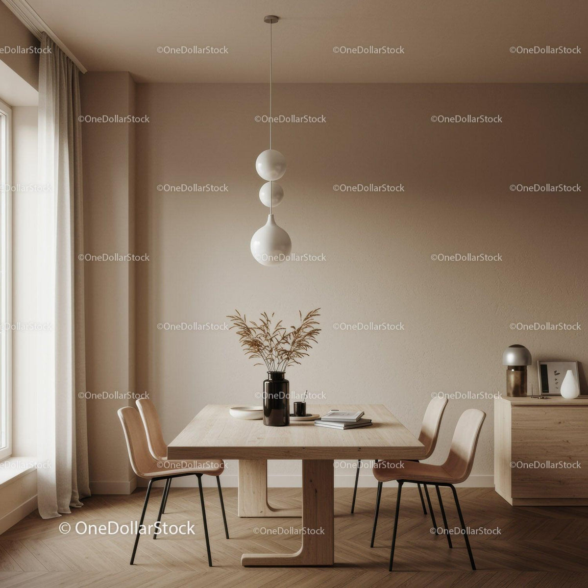 Modern Minimalist Dining Room with Wooden Table and Pendant Lights