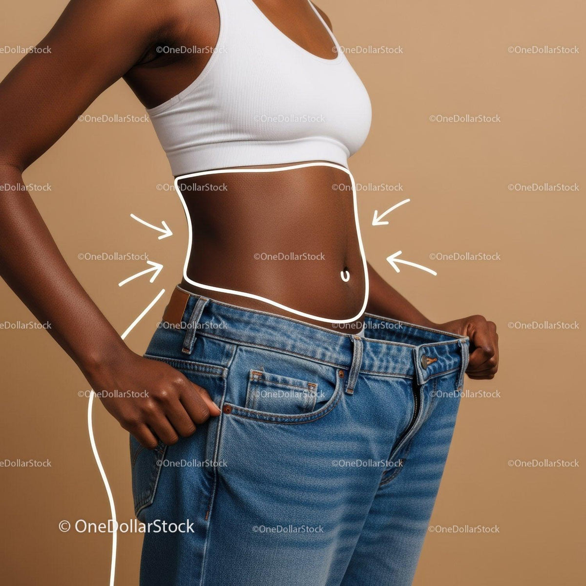 Slim Woman Measuring Waist with Blue Jeans and White Sports Bra