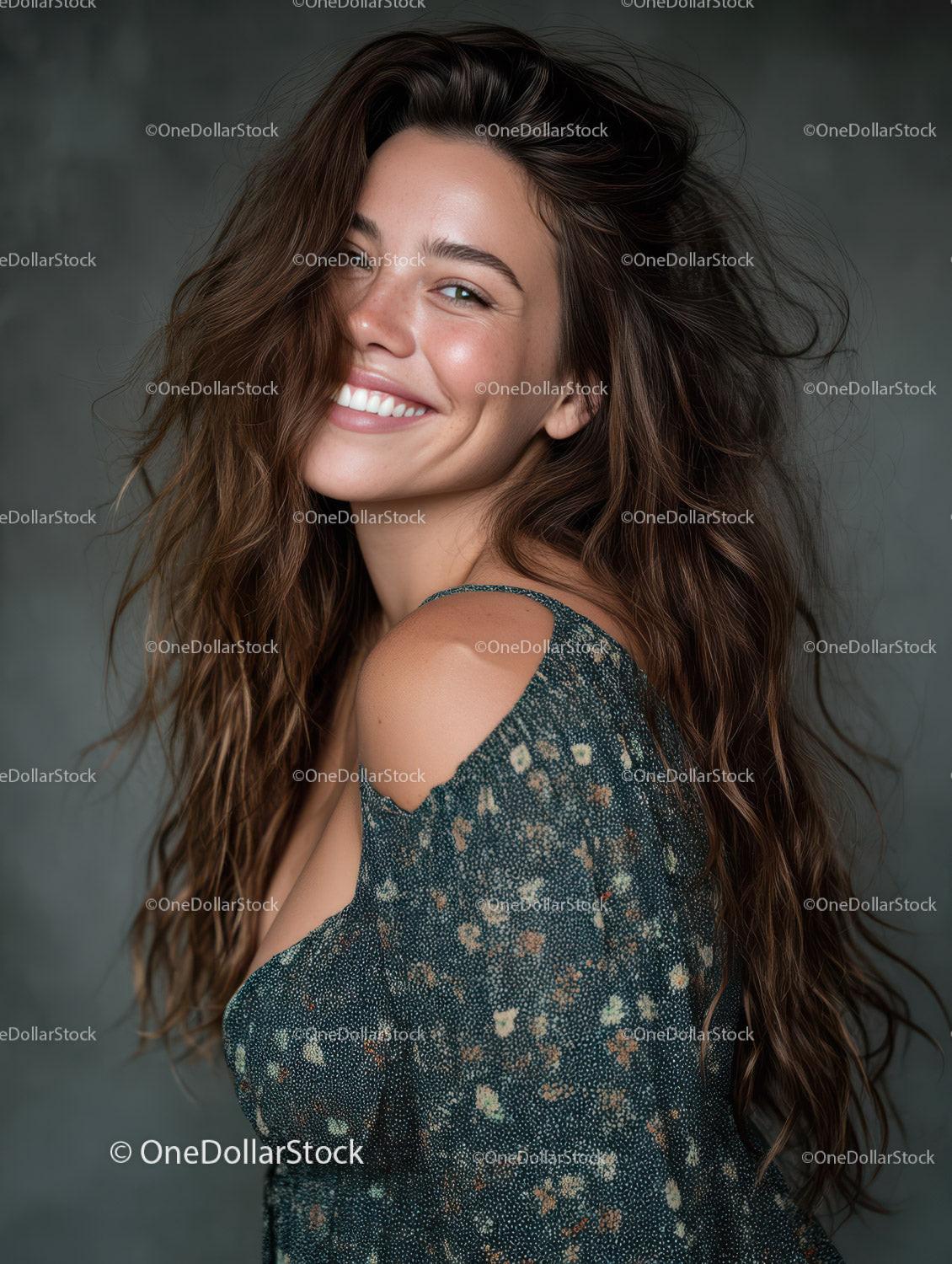 Joyful Woman with Wavy Hair in Floral Dress Smiling Portrait