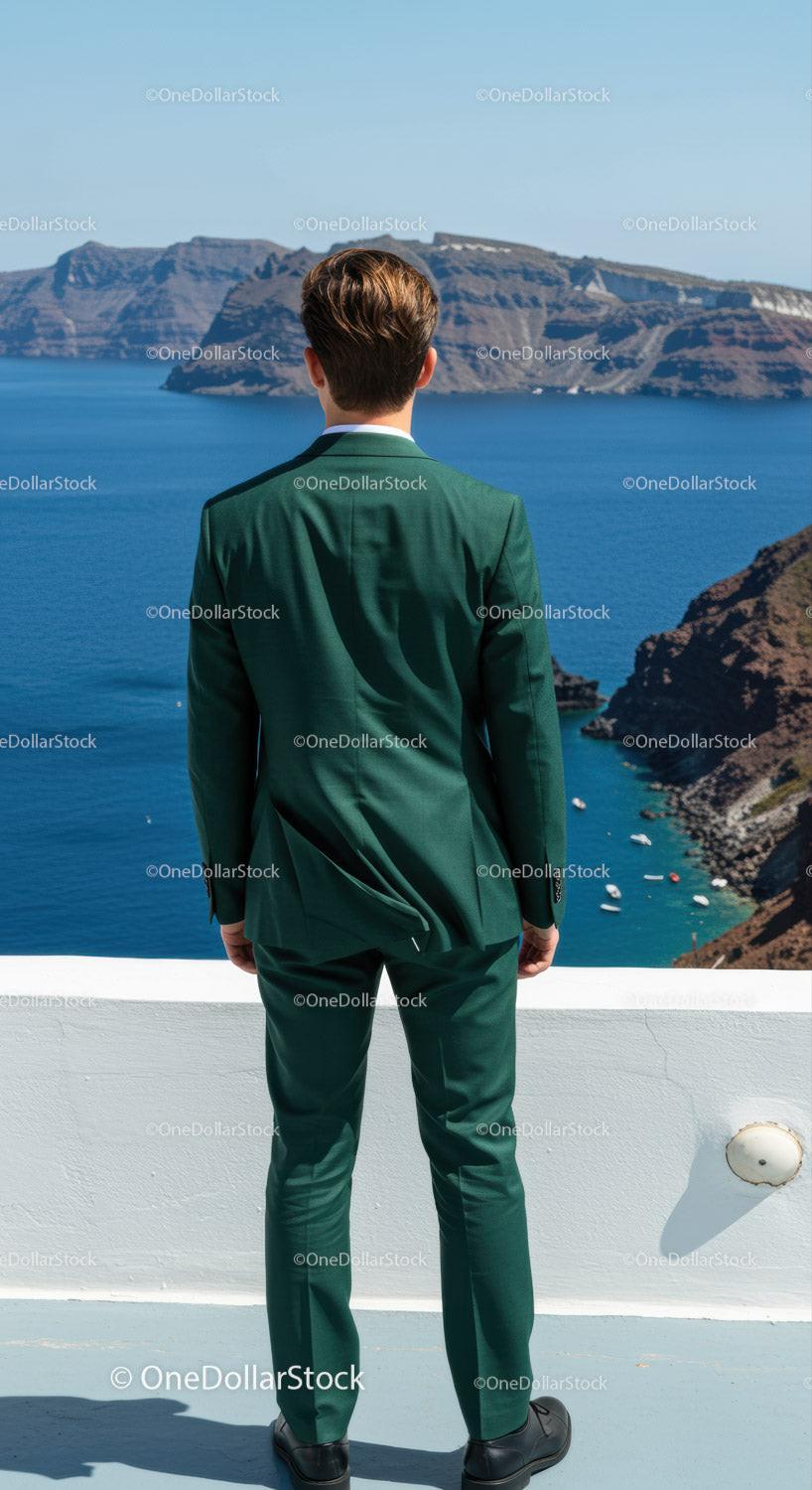 Man in Green Suit Overlooking Blue Sea and Rocky Cliffs