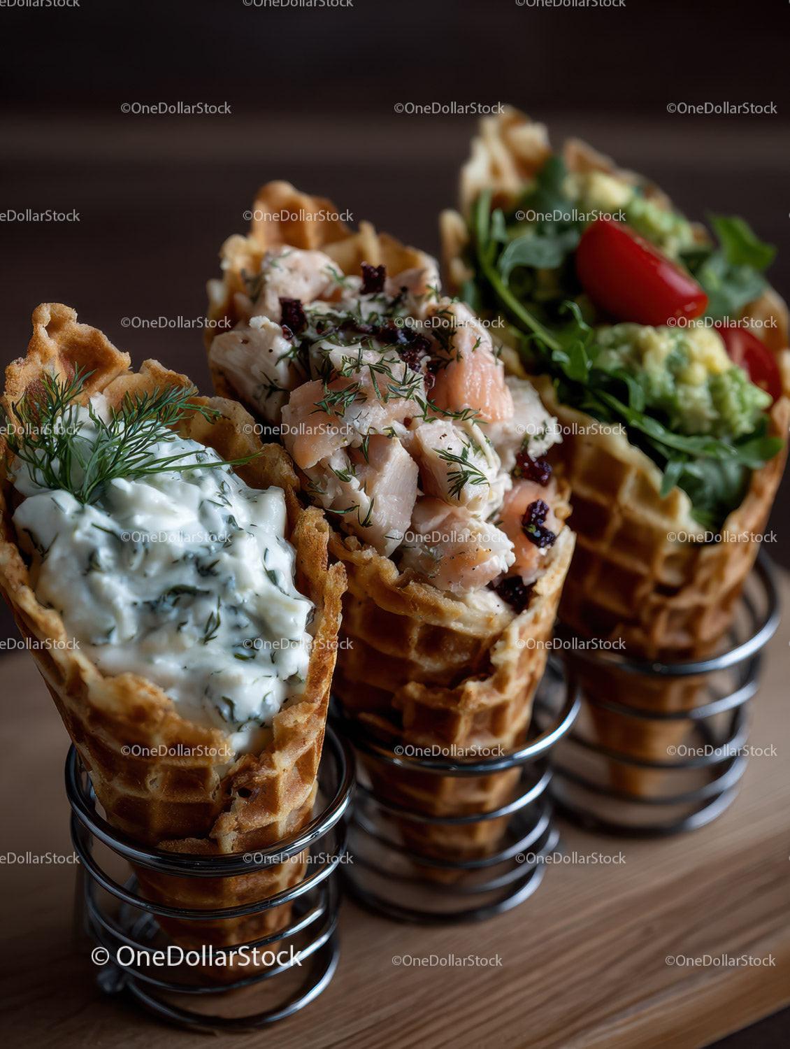 Assorted Waffle Cones with Fresh Toppings and Savory Fillings