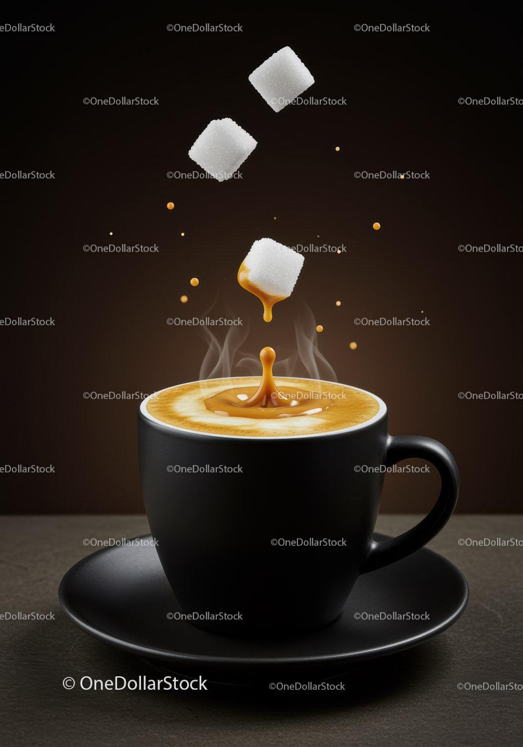 Steaming cup of coffee with sugar cubes falling
