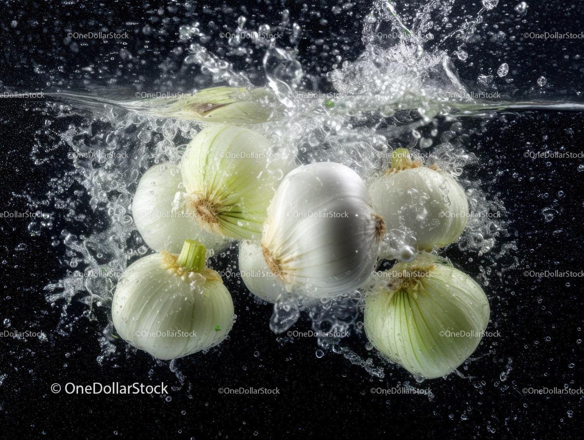 Fresh White Onions Splashing Underwater in Water Splash Scene