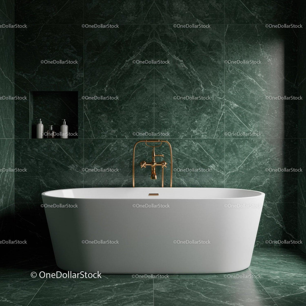 Luxurious Green Marble Bathroom with Freestanding Bathtub and Gold Fixtures