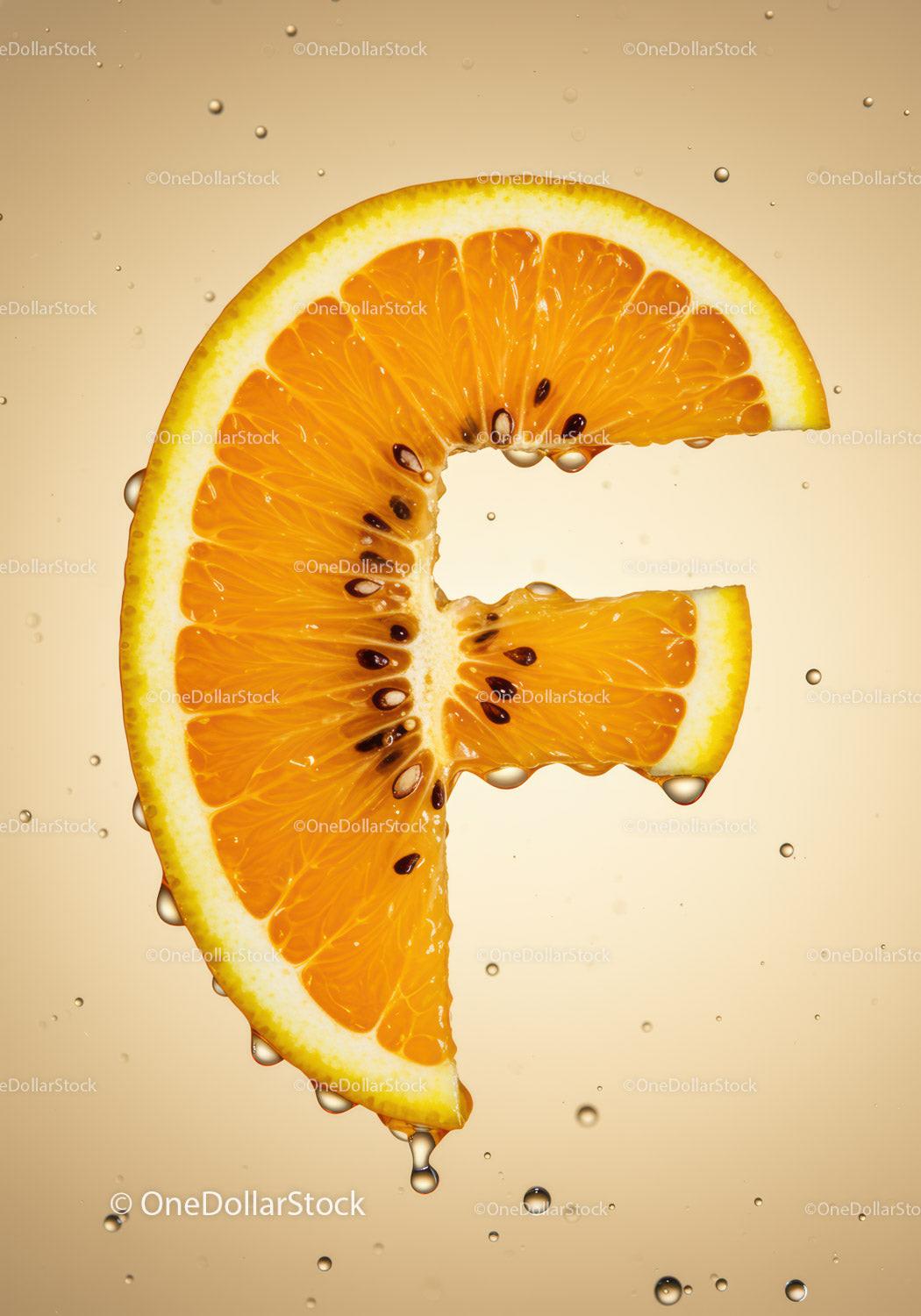 Fresh orange slice shaped like the letter F with droplets