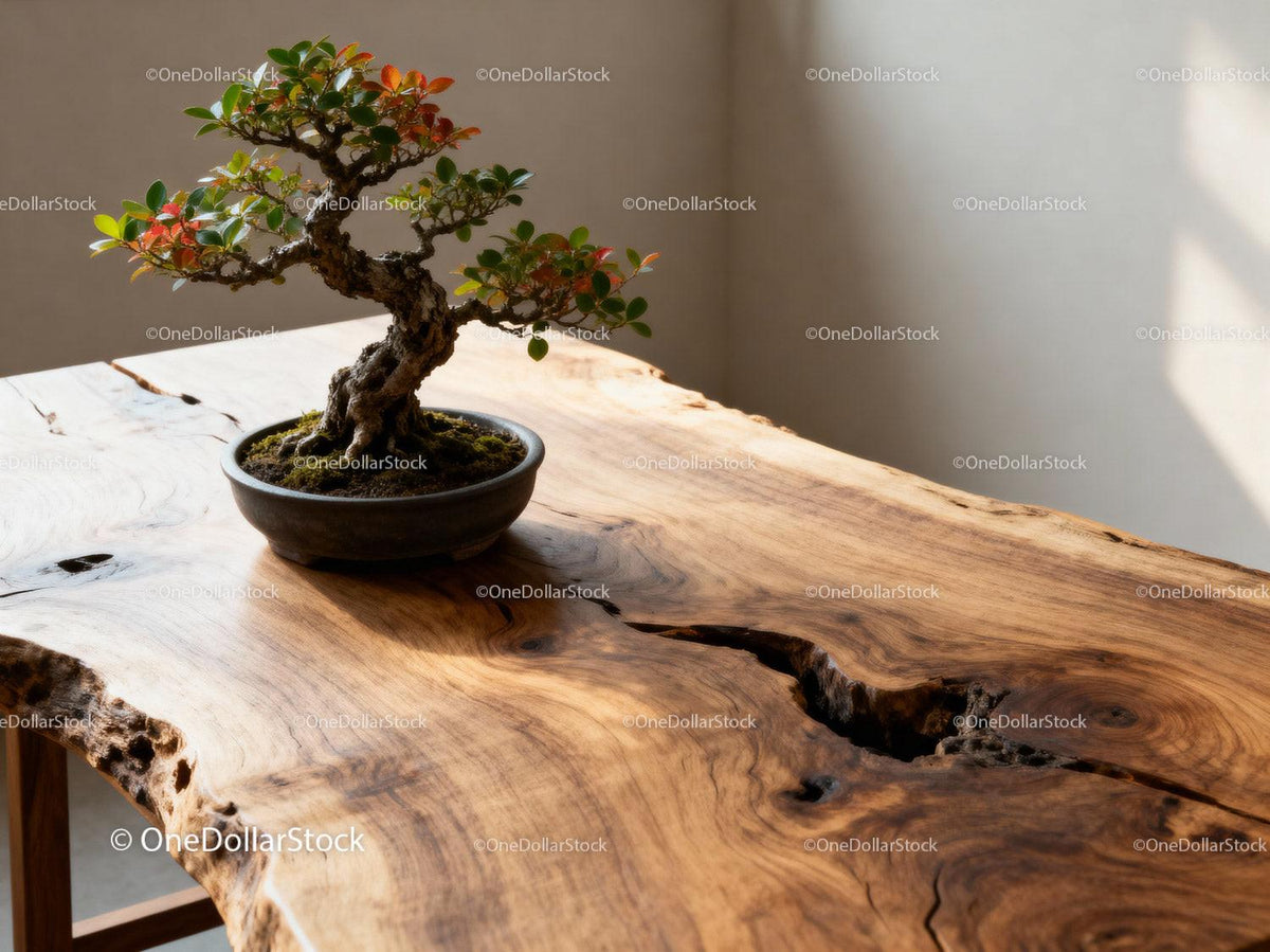 Bonsai tree on handcrafted natural edge wooden table