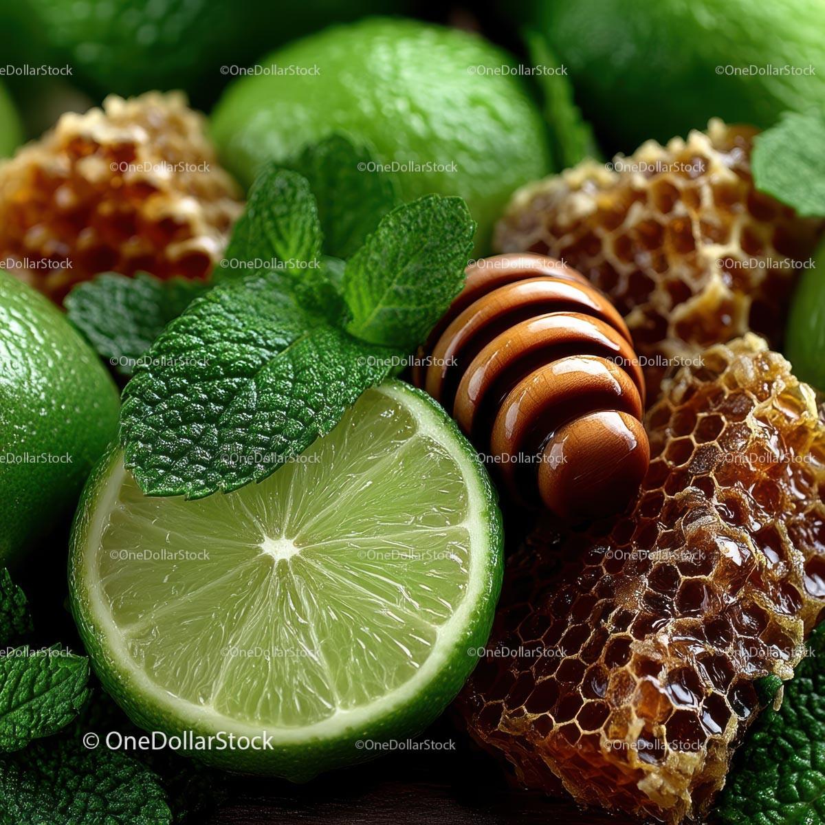 Fresh Limes, Mint Leaves and Honeycomb for Delicious Recipes Stock Photo Bundle preview 21