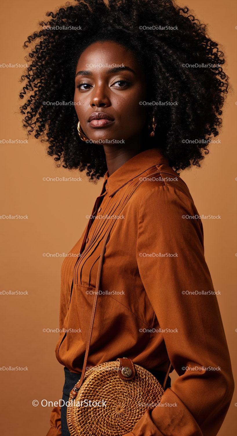 Elegant African American Woman with Curly Hair in Brown Blouse and Woven Bag