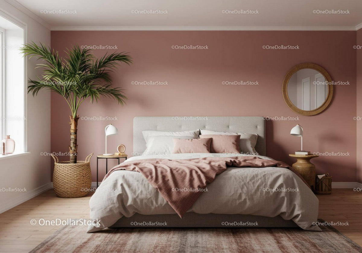 Elegant Bedroom with Pink Walls and Cozy Bedding