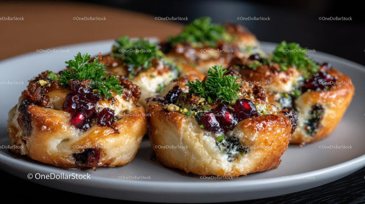 Stuffed Pastries with Pomegranate Seeds and Parsley on White Plate