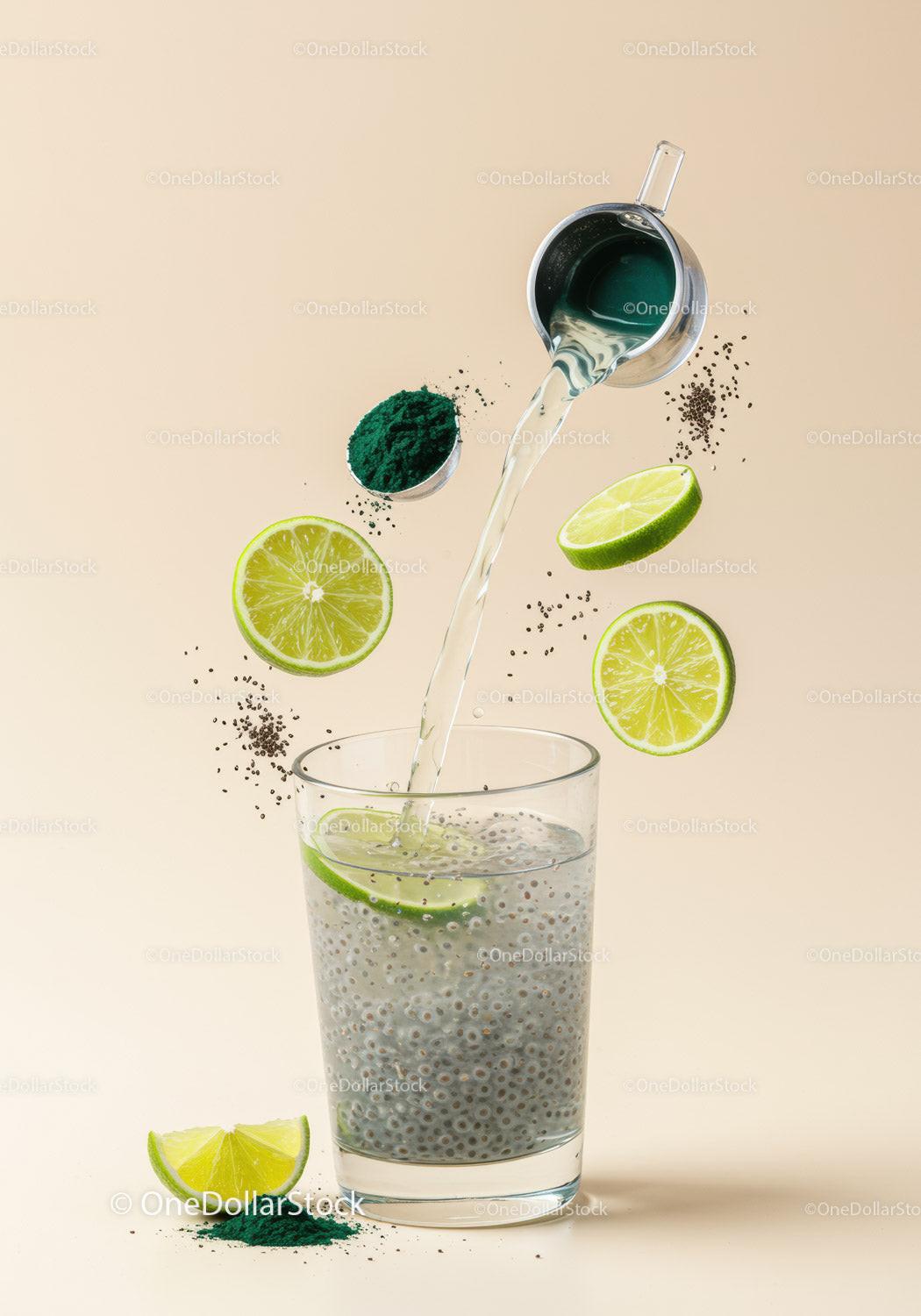 Refreshing chia seed drink with lime and spirulina powder