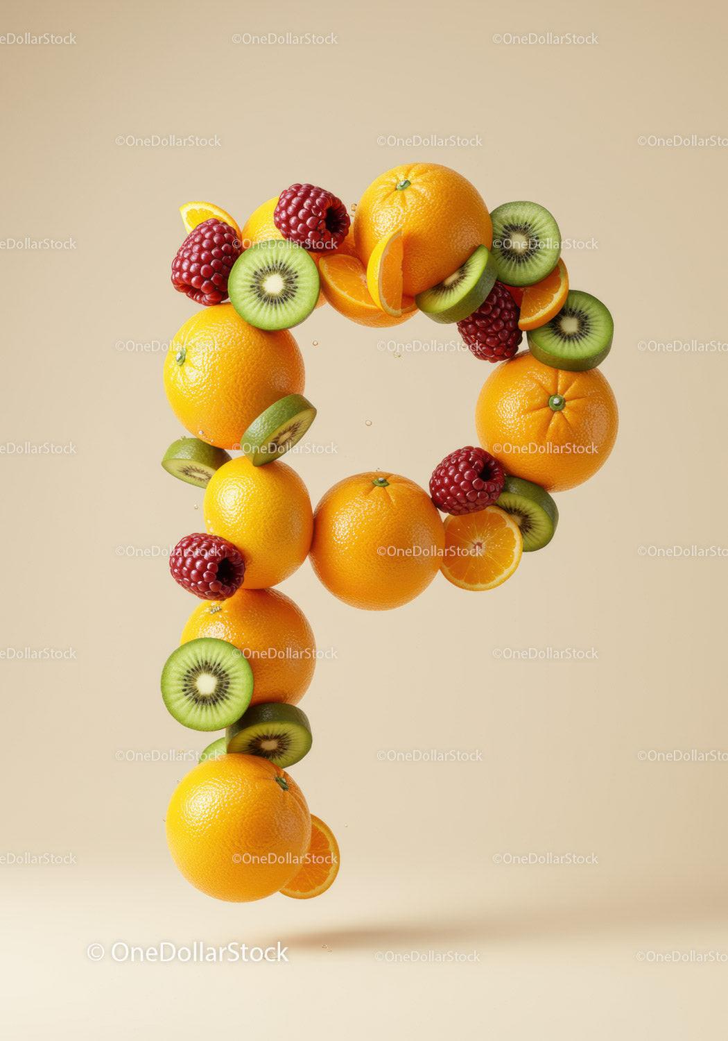 Fresh Fruits Arranged in Letter P on Beige Background