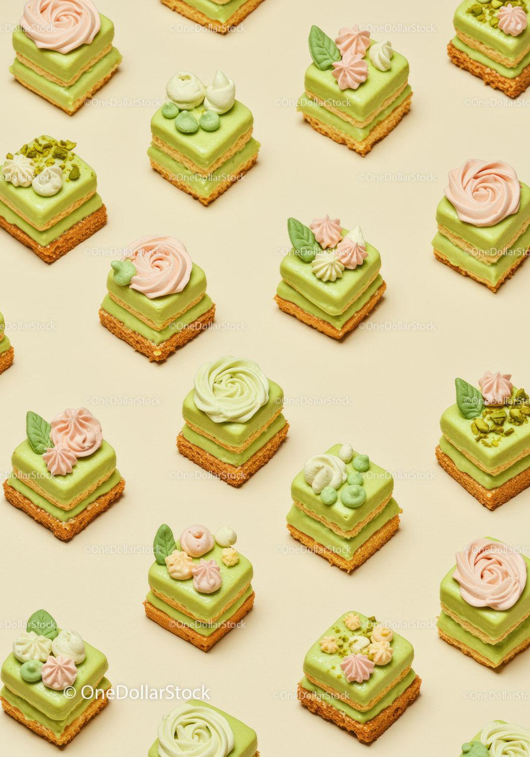 Delicate Green Mini Cakes with Floral Buttercream Decorations