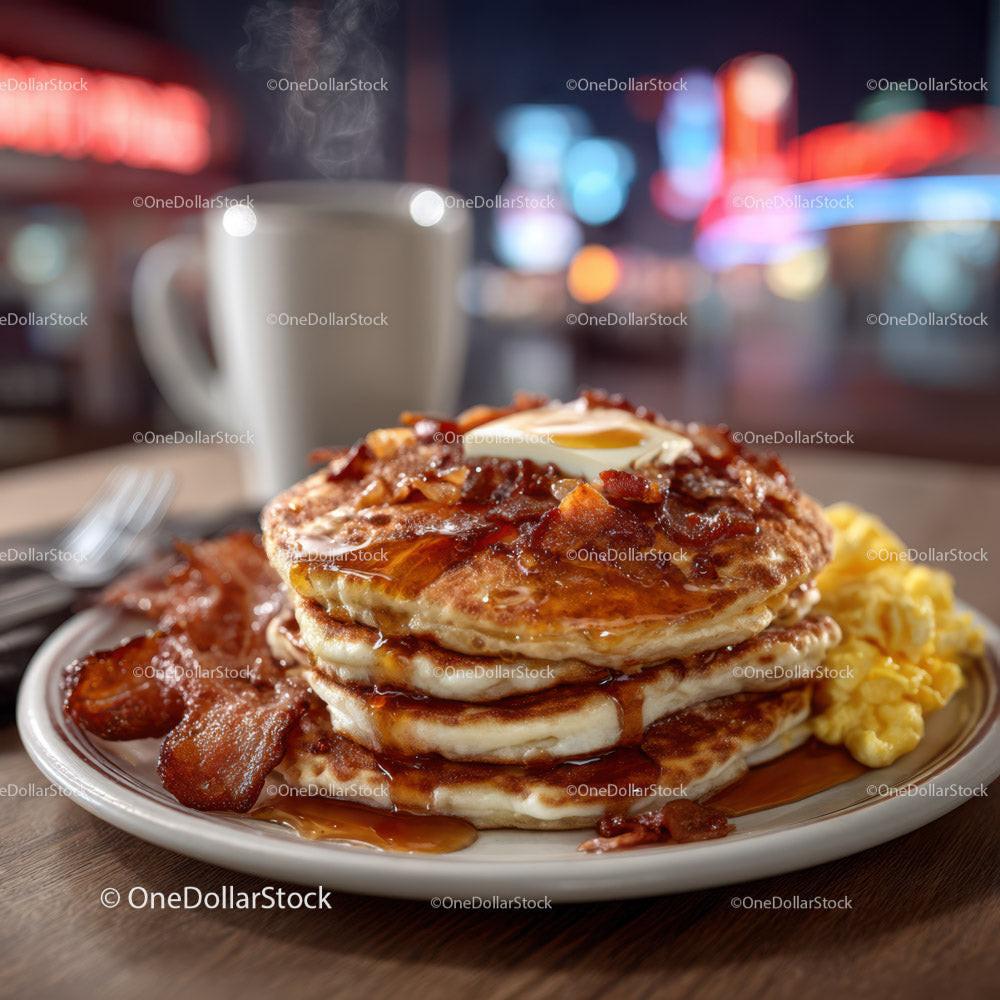 Stack of Fluffy Pancakes with Bacon Eggs and Maple Syrup on Plate
