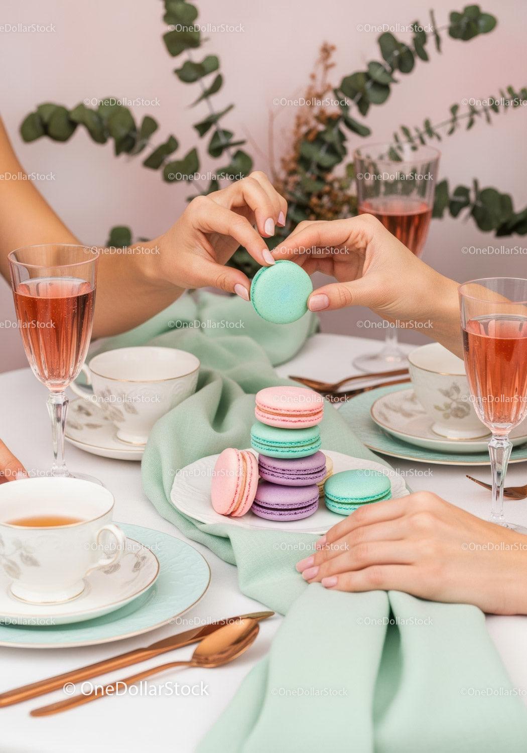 Elegant Pastel Color Macarons and Tea Party Setup for Celebration