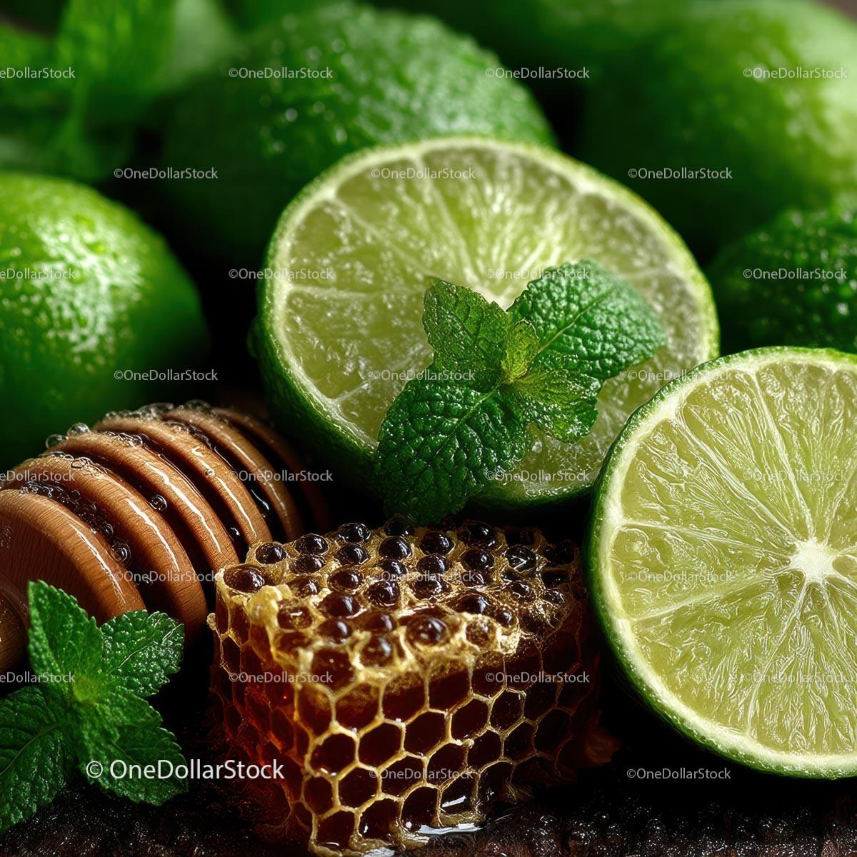 Fresh Limes, Mint Leaves and Honeycomb for Delicious Recipes Stock Photo Bundle preview 10