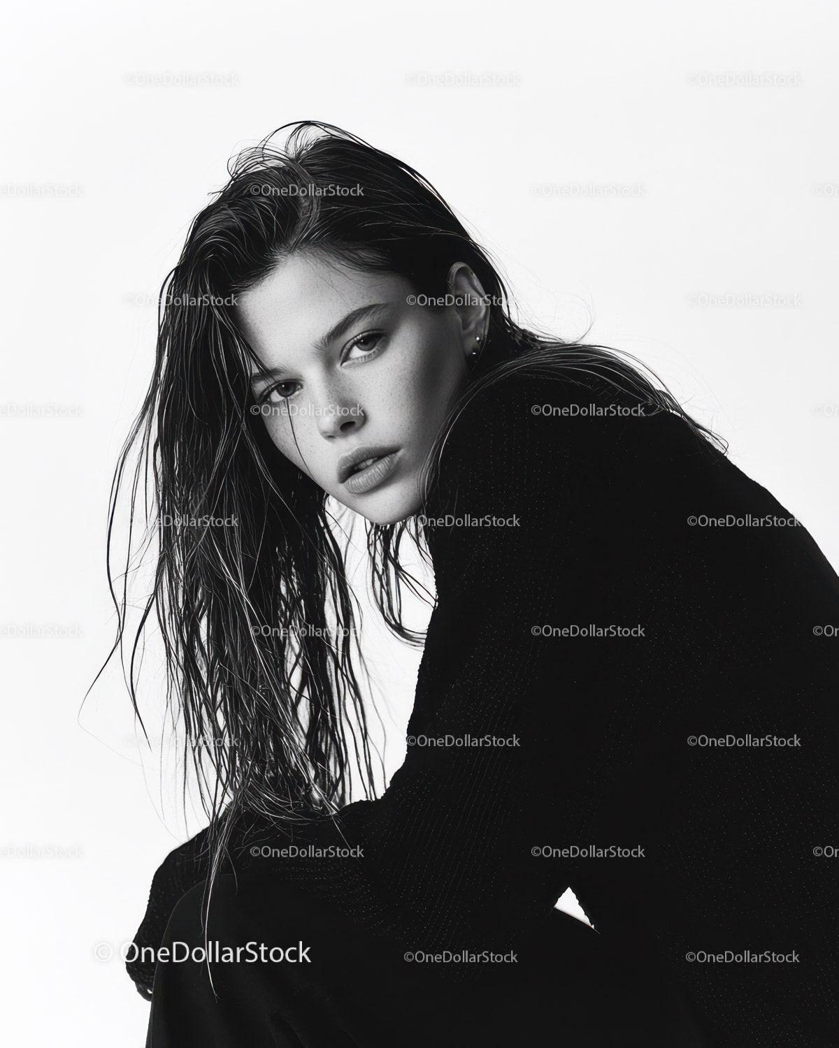 Elegant Black and White Portrait of a Confident Young Woman