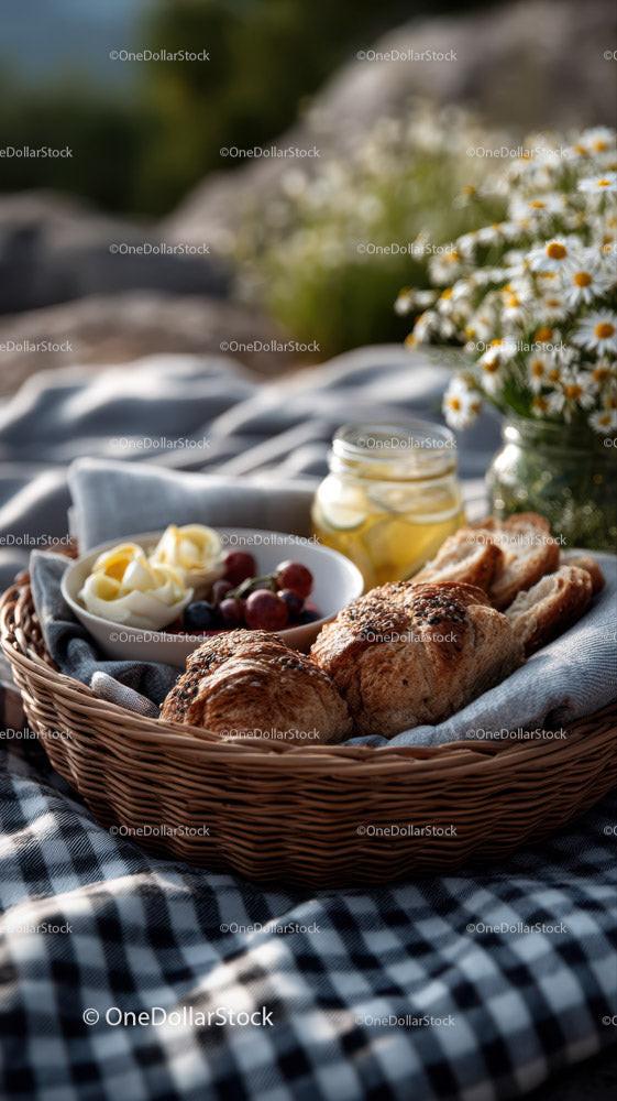 Rustic Bread Basket with Milk Jars and Daisy Flowers in Outdoor Setting Stock Photo Bundle preview 12