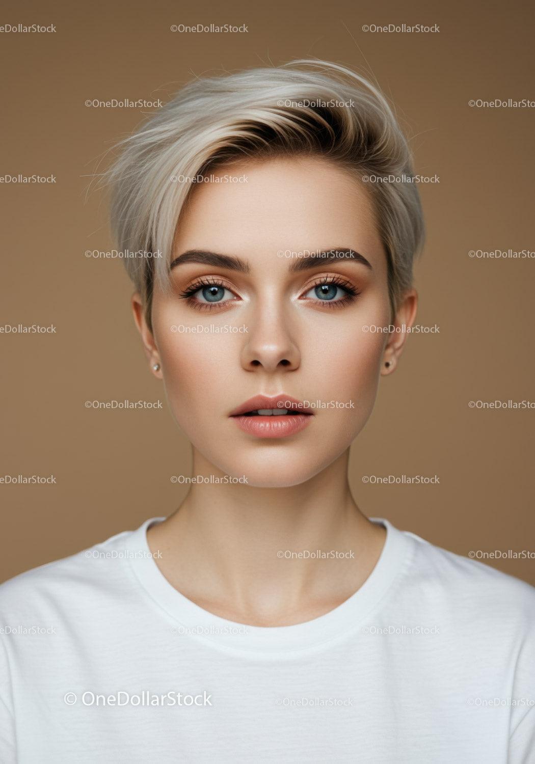 Elegant Female Portrait with Blonde Hair and Blue Eyes