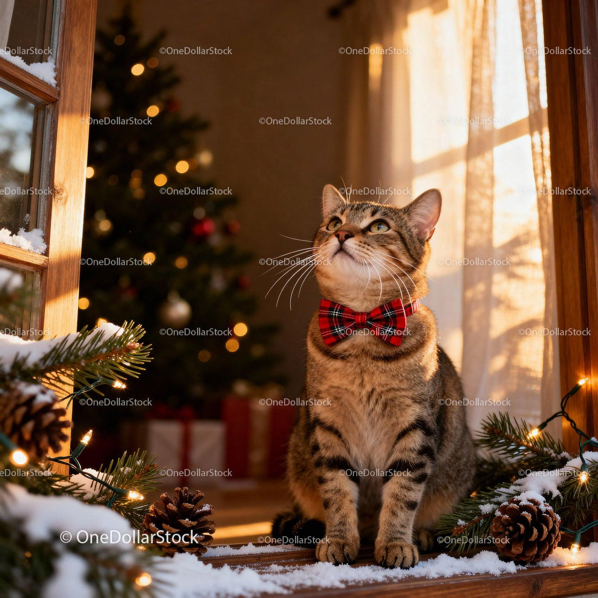 Tabby Cat Wearing Red Bow Tie by Snowy Window