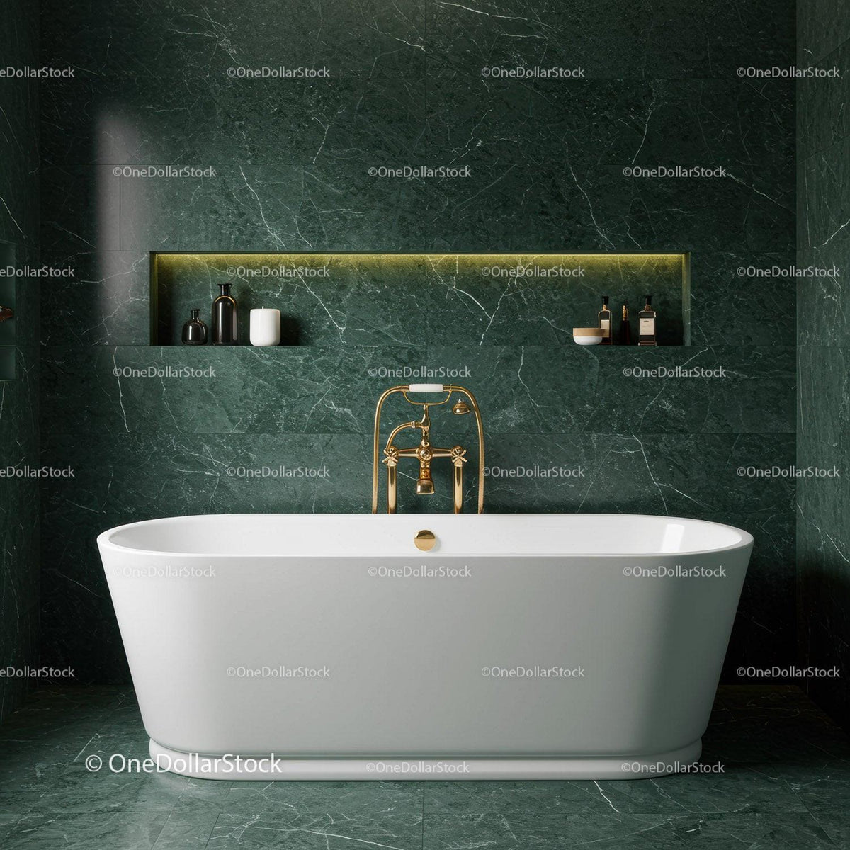 Luxurious Green Marble Bathroom with Freestanding White Bathtub and Gold Fixtures