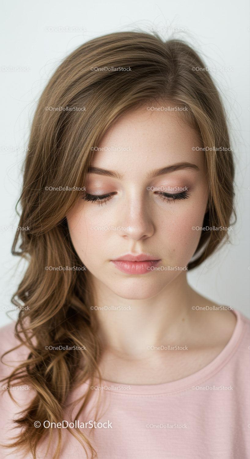 Close-up of Young Woman with Wavy Light Brown Hair and Natural Makeup