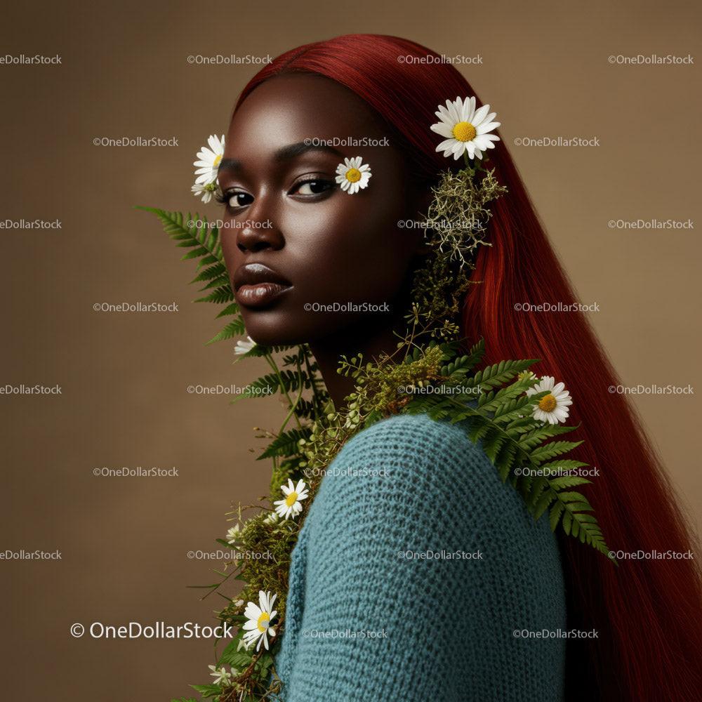 Elegant Portrait of a Woman with Red Hair and Floral Accessories