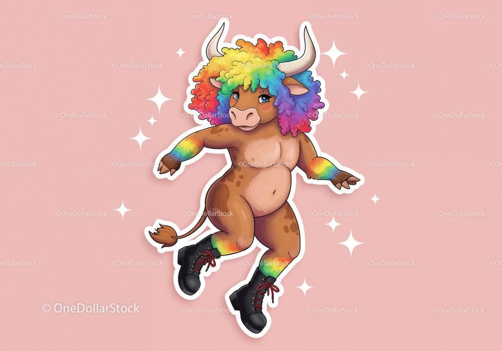 Cartoon brown bull with rainbow afro hairstyle and black boots on pink background with sparkles