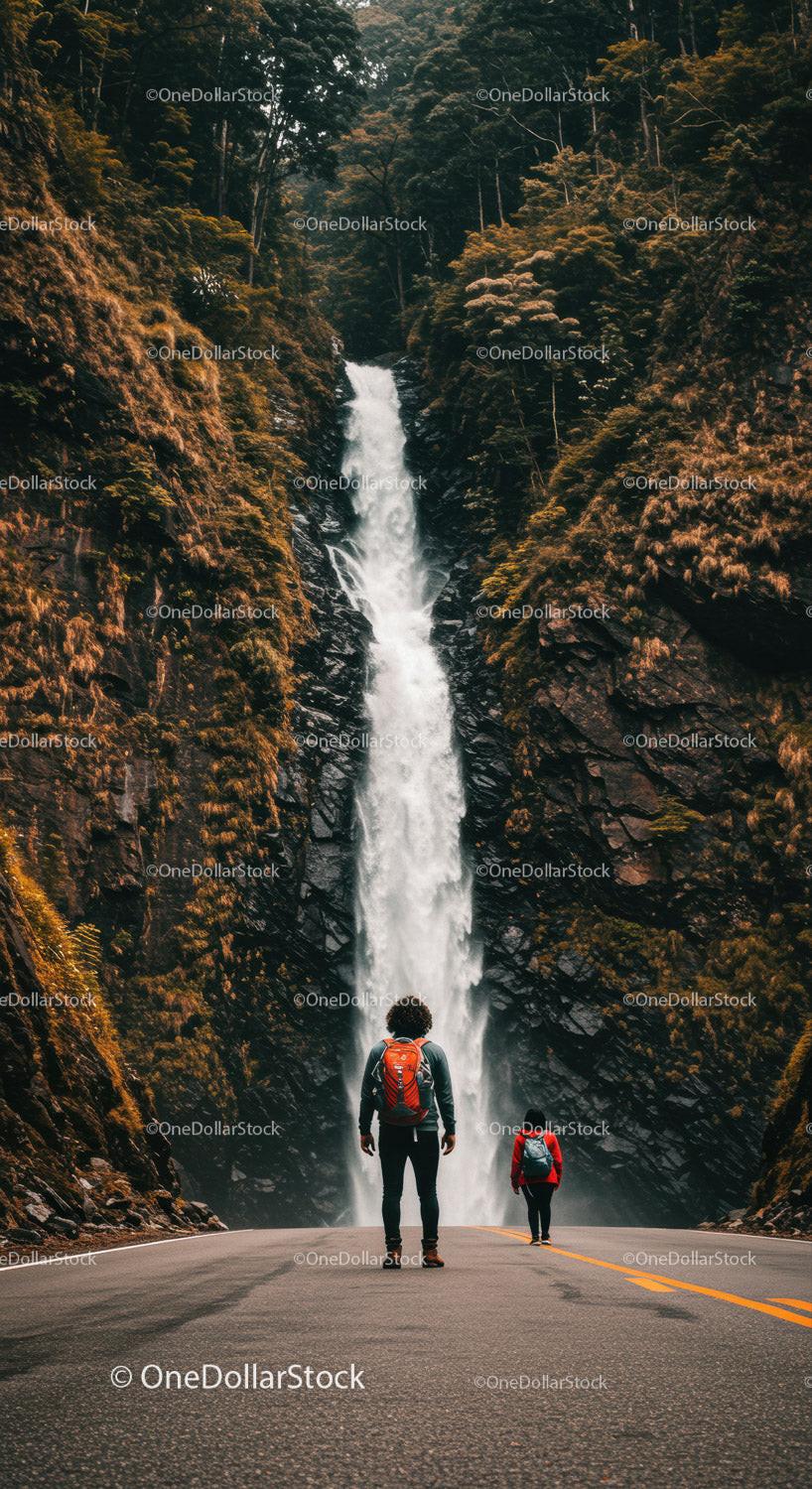 Hikers Exploring a Tall Waterfall in Lush Forest Landscape