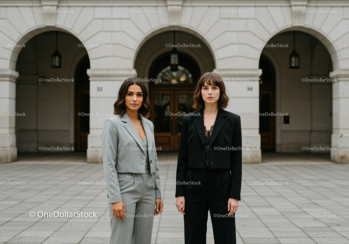 Stylish Businesswomen Standing in Front of City Building