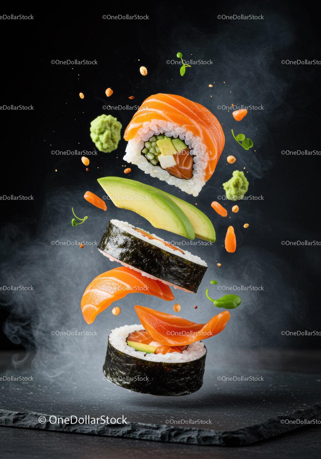 Deconstructed sushi rolls with fresh salmon and avocado