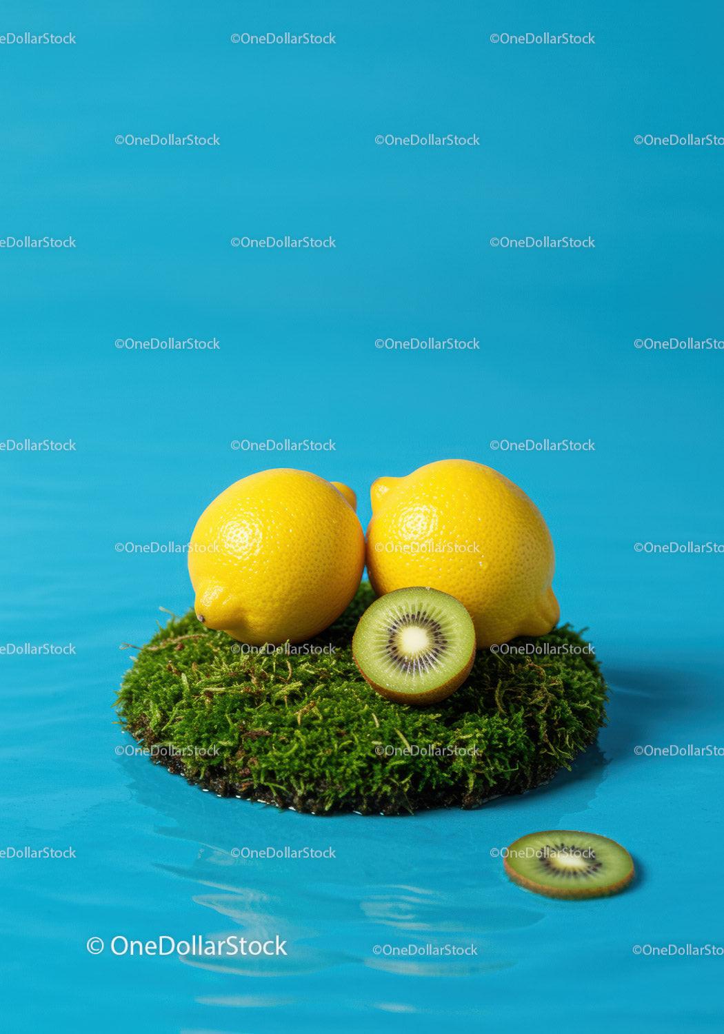 Fresh lemons and kiwi on vibrant moss floating in blue