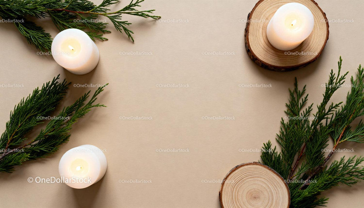 Minimalist holiday candles with green pine branches