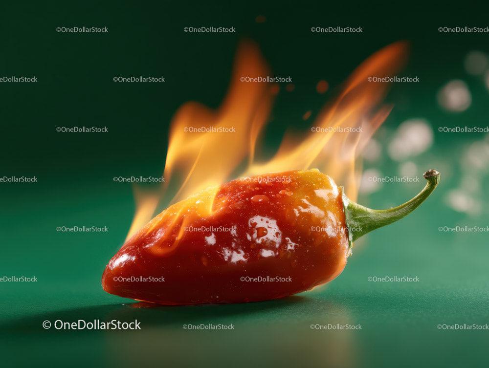Burning Red Chili Pepper with Flames on Green Background Stock Photo Bundle preview 9