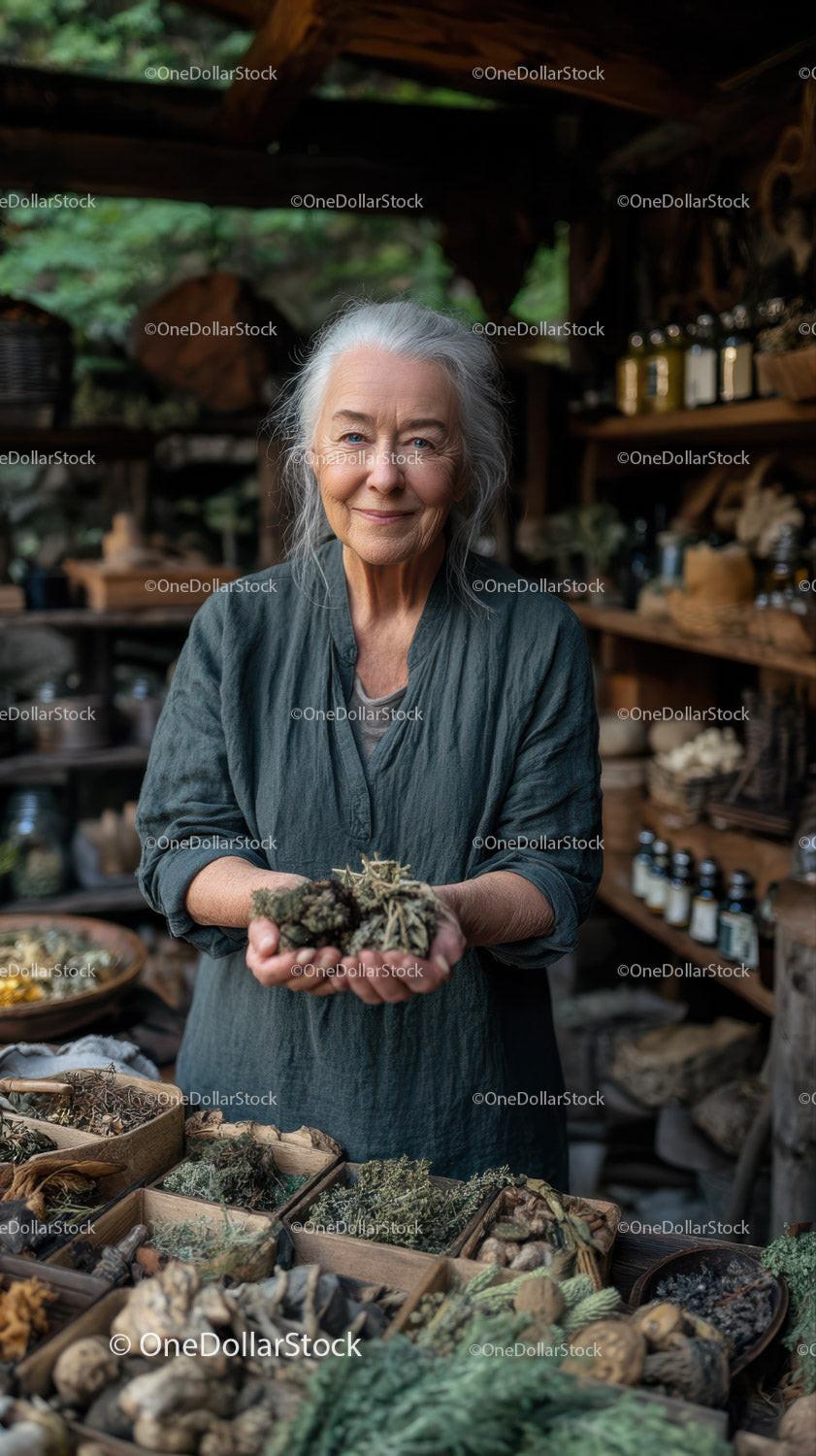 Senior Woman Holding Herbs in Rustic Herbal Shop