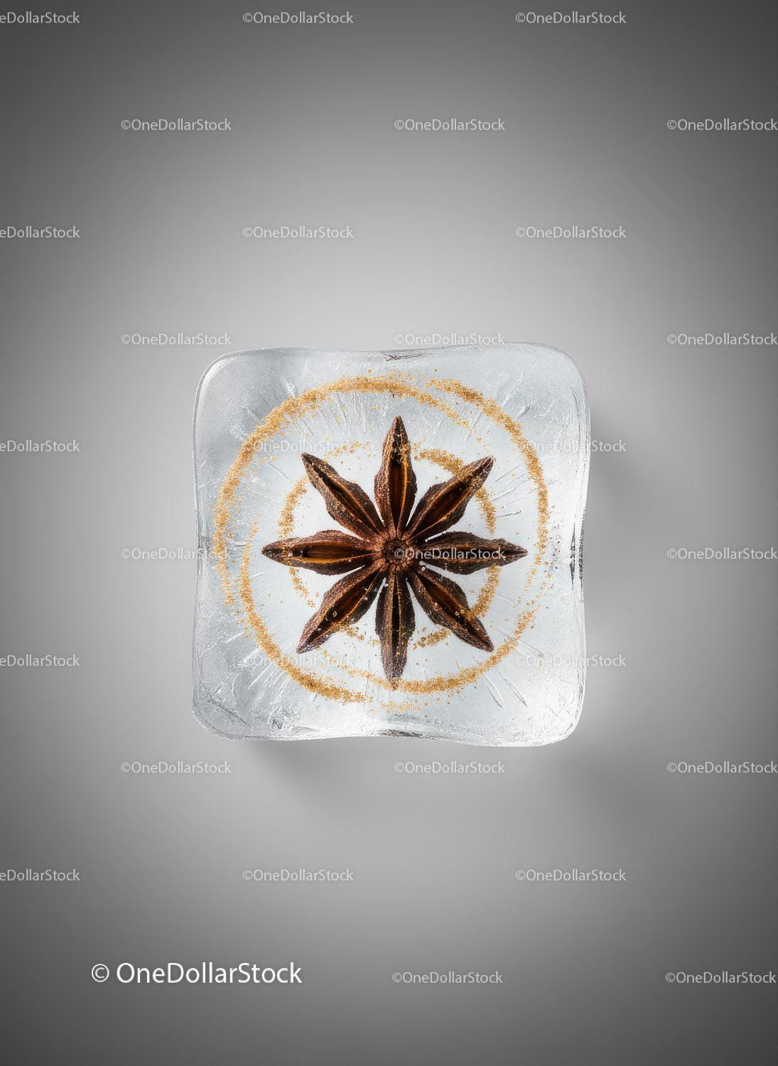 Star Anise Embedded in Clear Ice Cube with Brown Dust