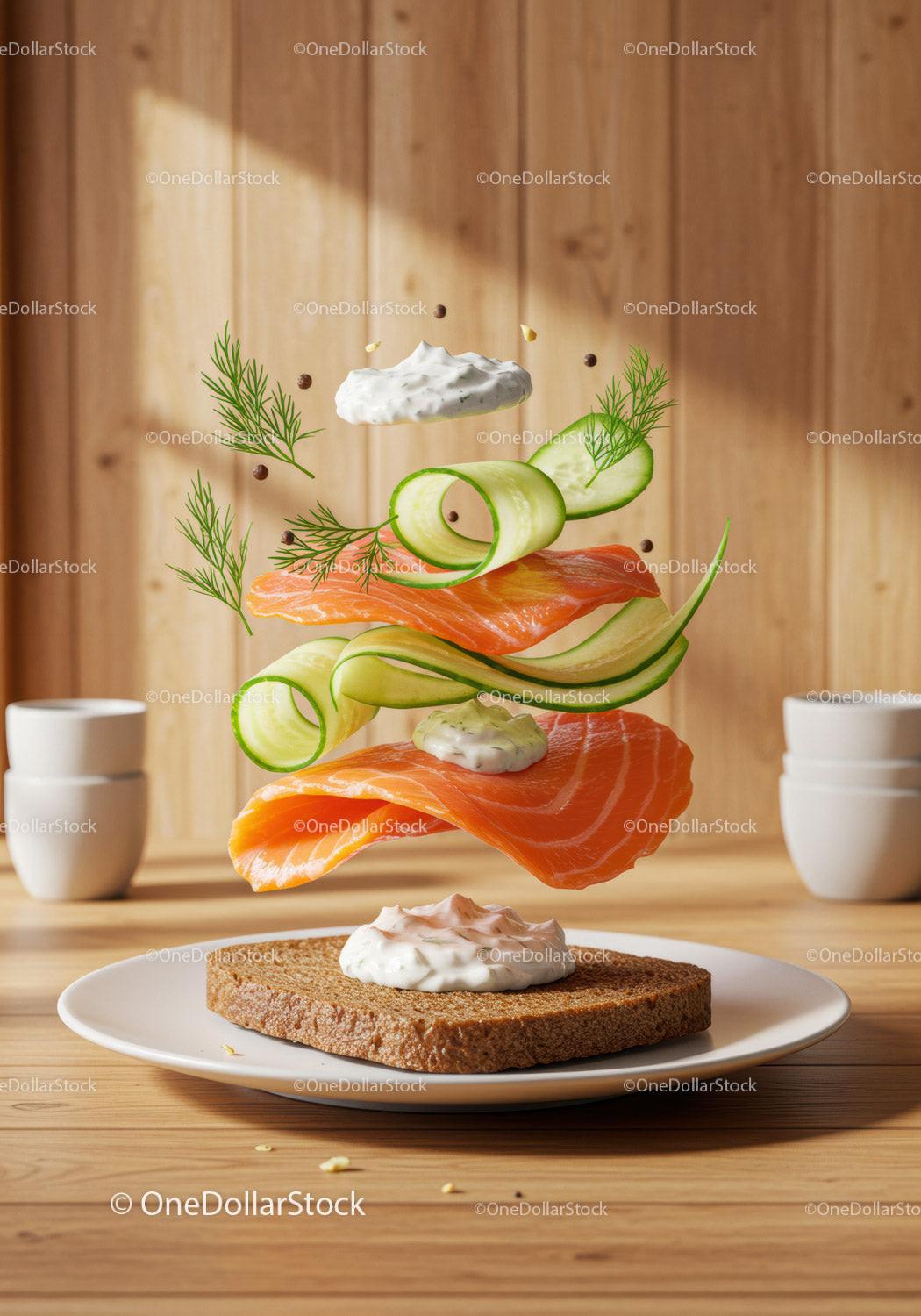 Fresh salmon sandwich ingredients hovering above rye bread