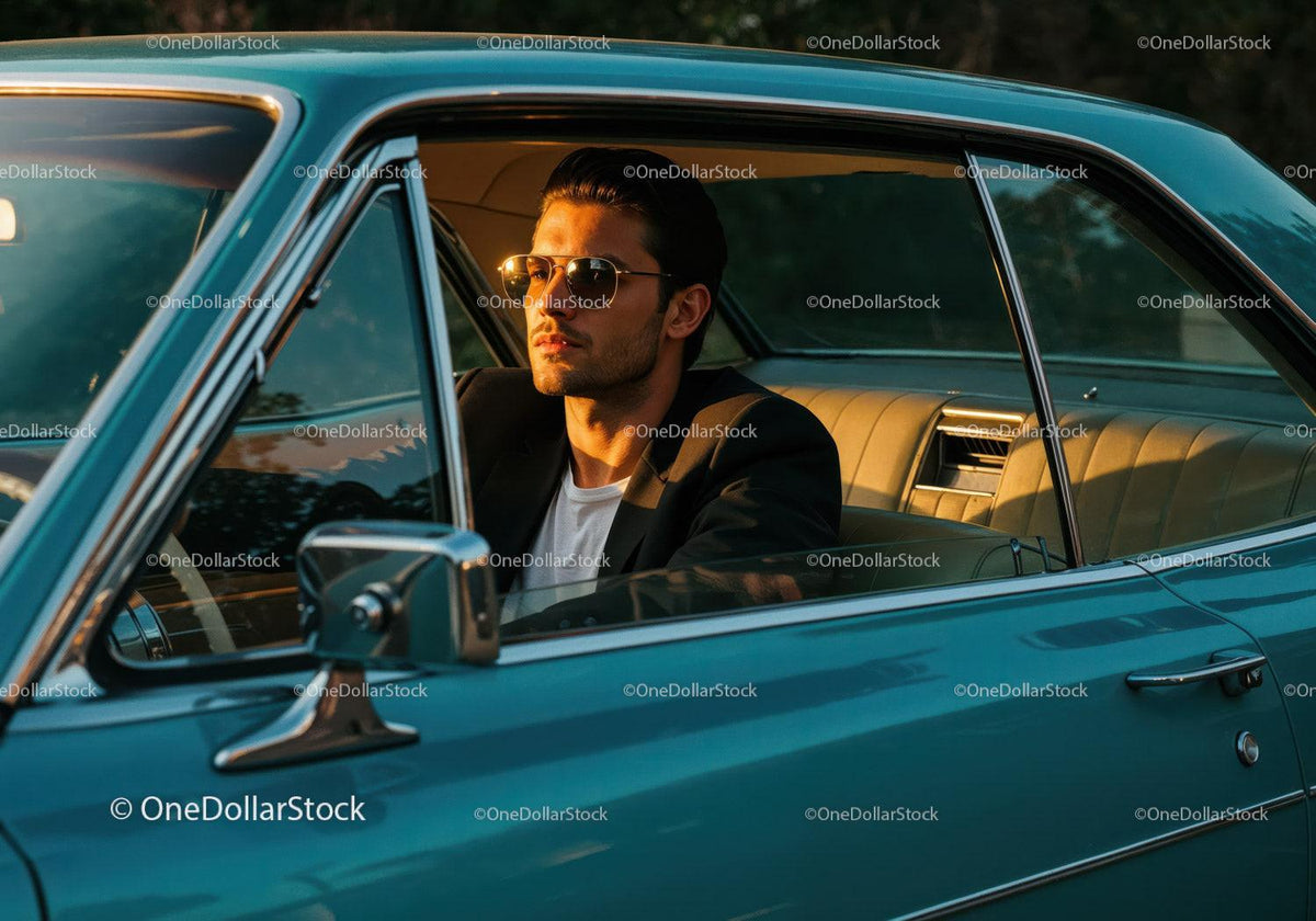 Stylish Man in Sunglasses Sitting in Classic Vintage Car at Sunset Stock Photo Bundle preview 12