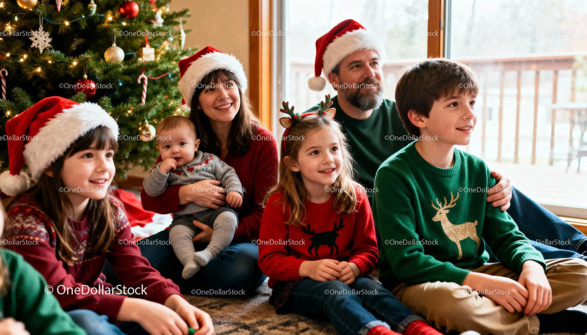 Family enjoying cozy Christmas moments by the tree