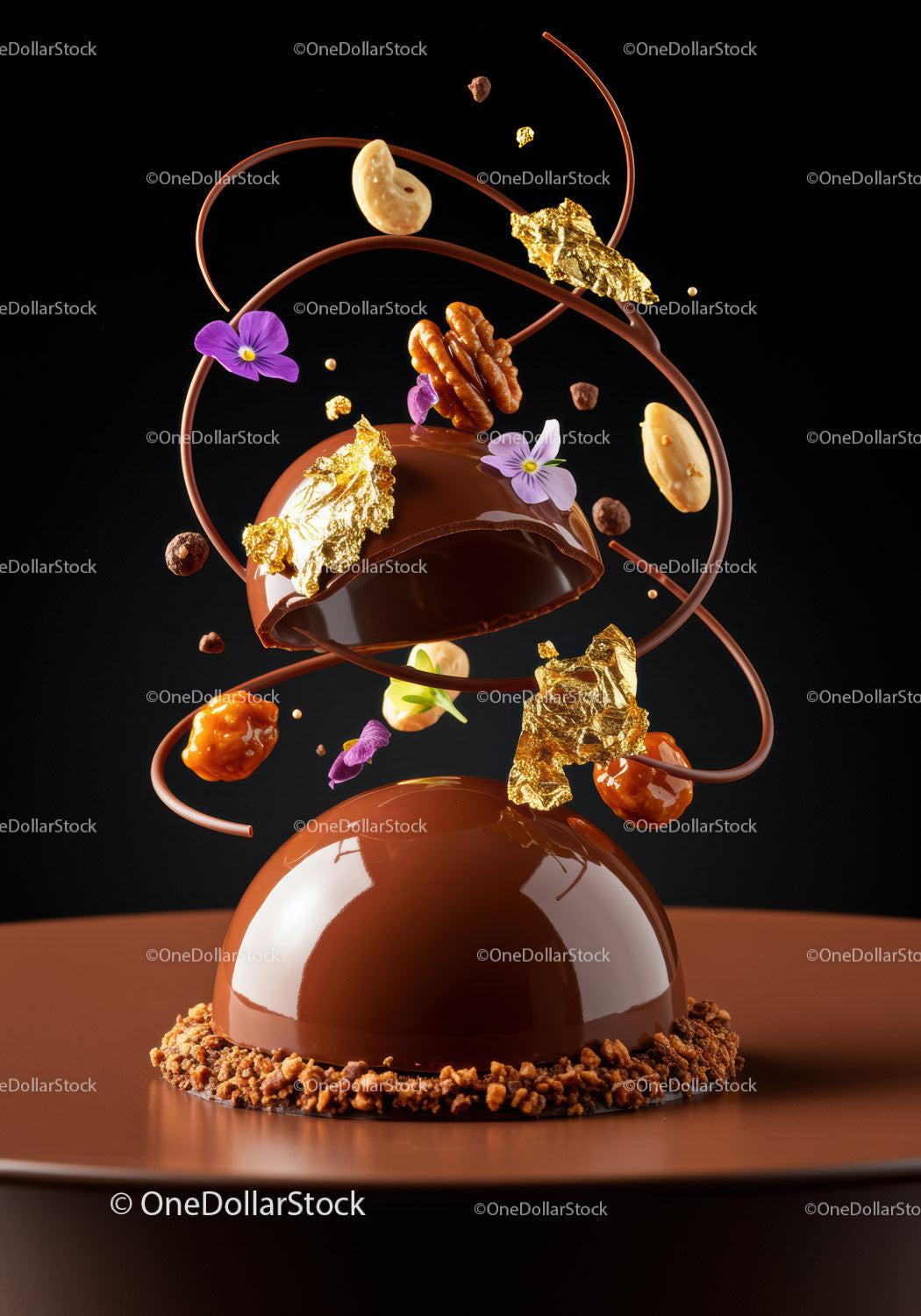Elegant chocolate dessert with gold leaf and nuts decoration