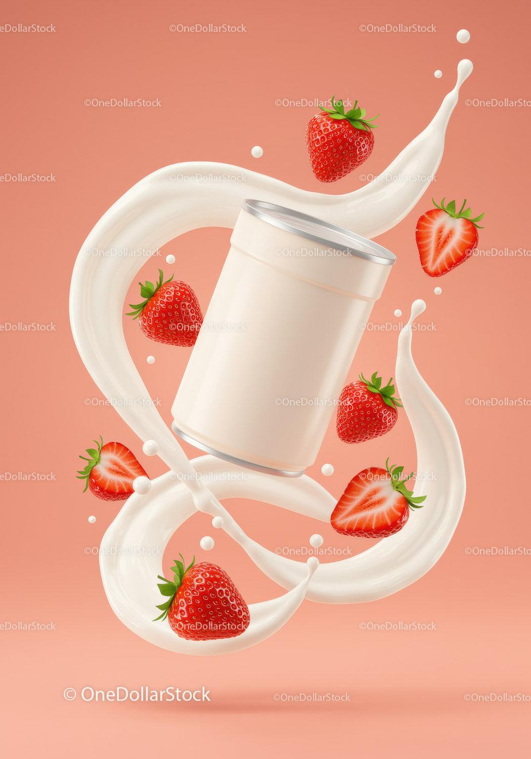Creamy Strawberry Milk Splash with Can on Peach Background JPG Mockup Image preview
