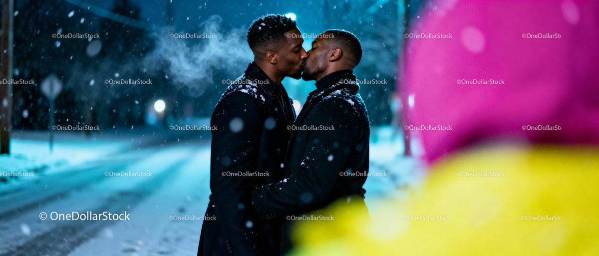 Couple Sharing a Tender Kiss in Snowy Winter Night
