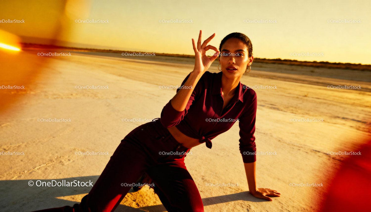 Young woman expressing OK gesture in warm desert light