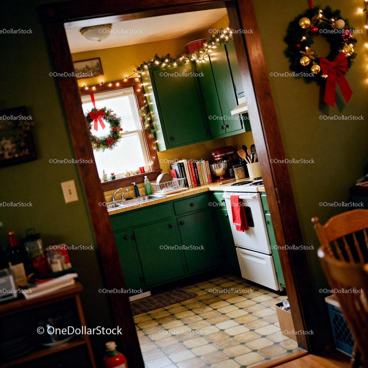 Cozy Kitchen Decorated with Christmas Wreaths and Lights