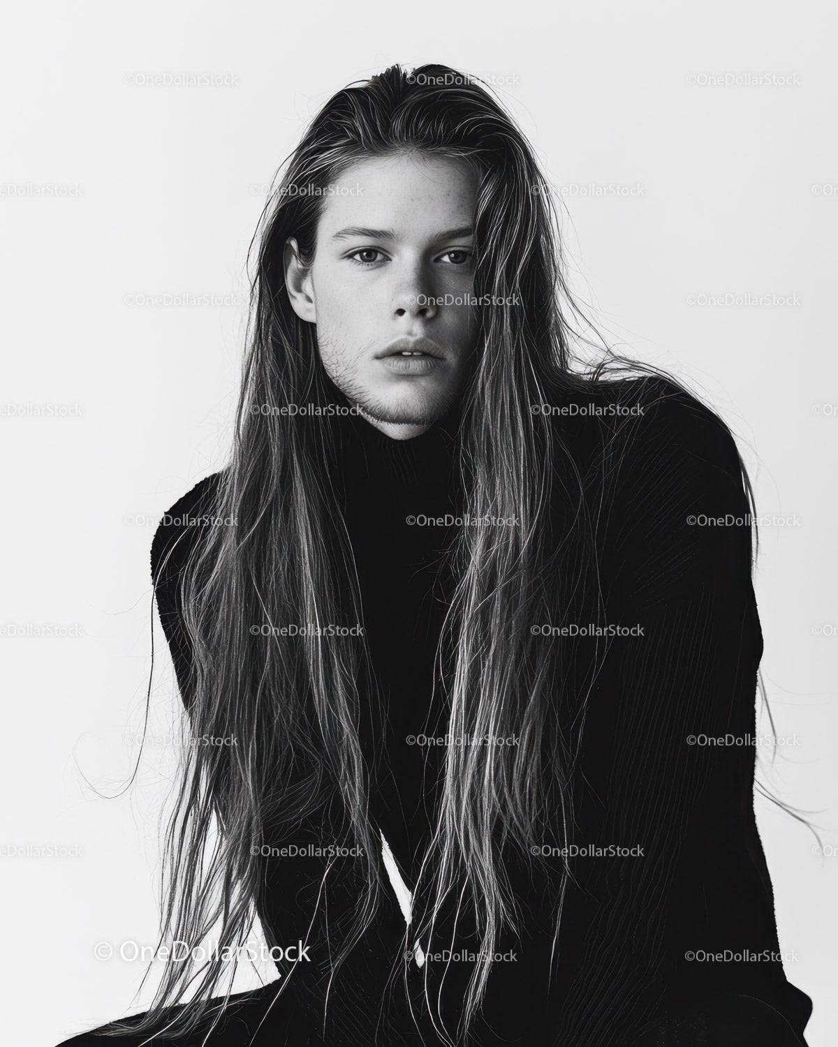 Stylish Young Male Model with Long Hair in Black and White Portrait