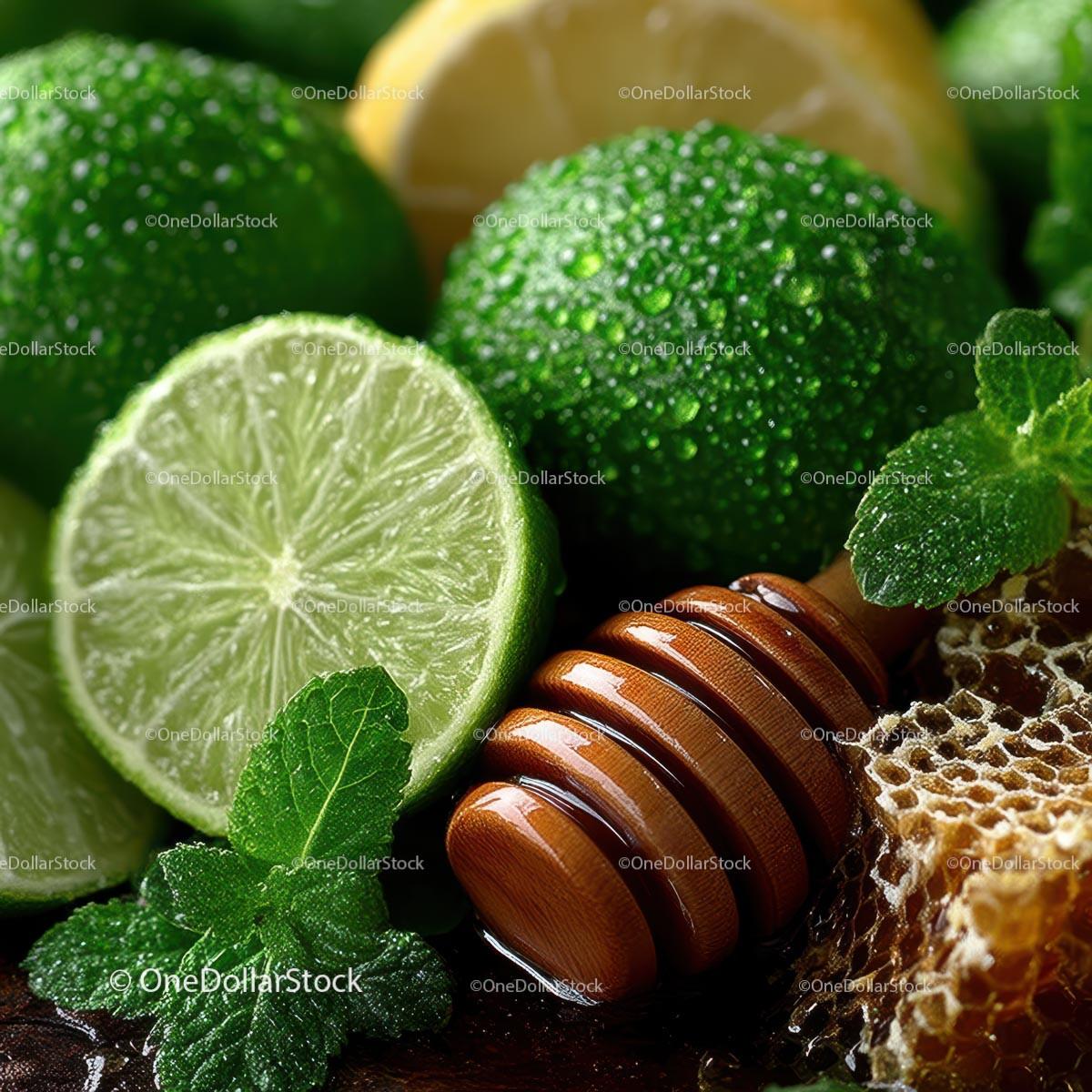 Fresh Limes, Mint Leaves and Honeycomb for Delicious Recipes Stock Photo Bundle preview 7